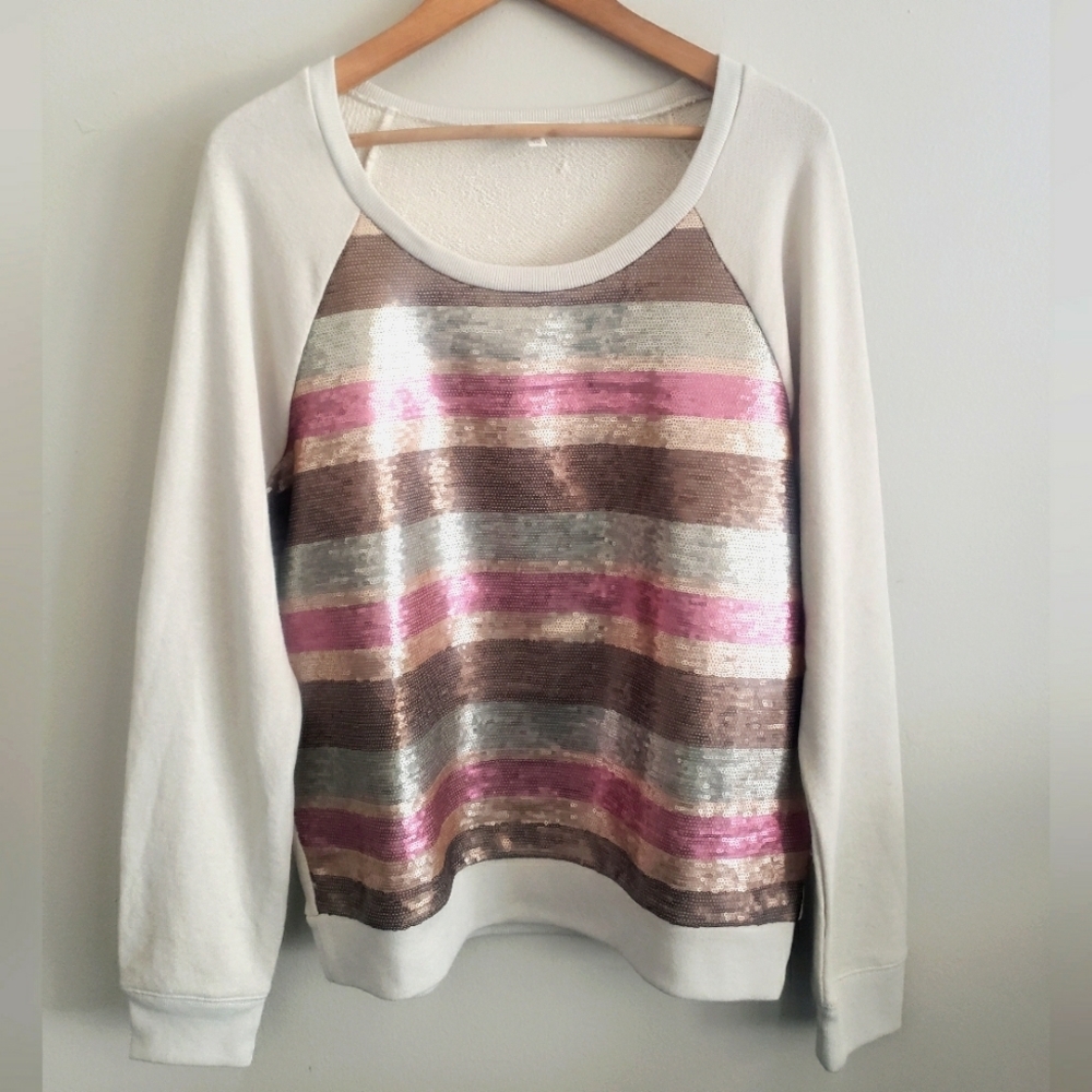 Victoria Secret Women's Supermodel Essentials Striped Sequin Pullover Tan Large